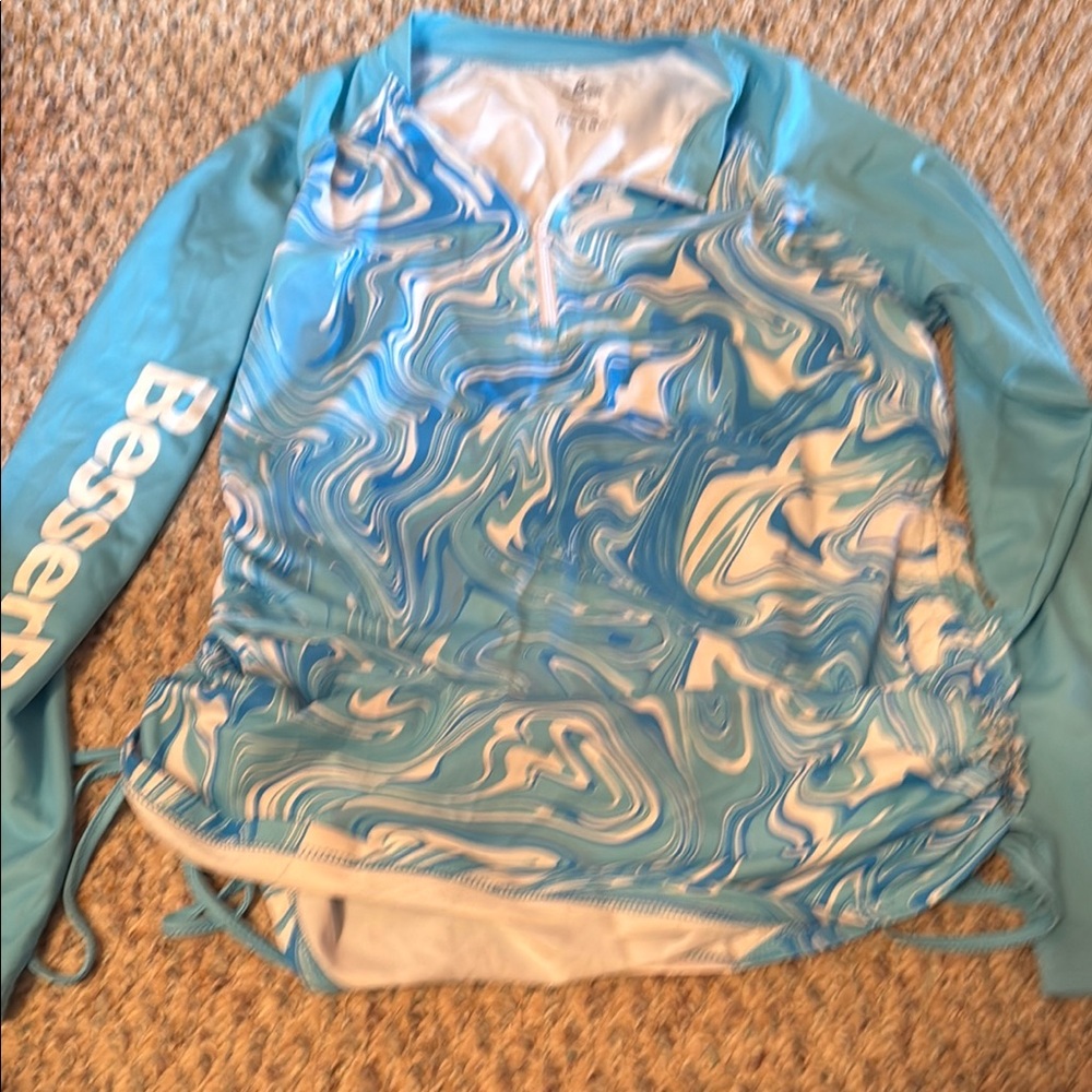 Blue and White Swirl Long Sleeve Swim Top